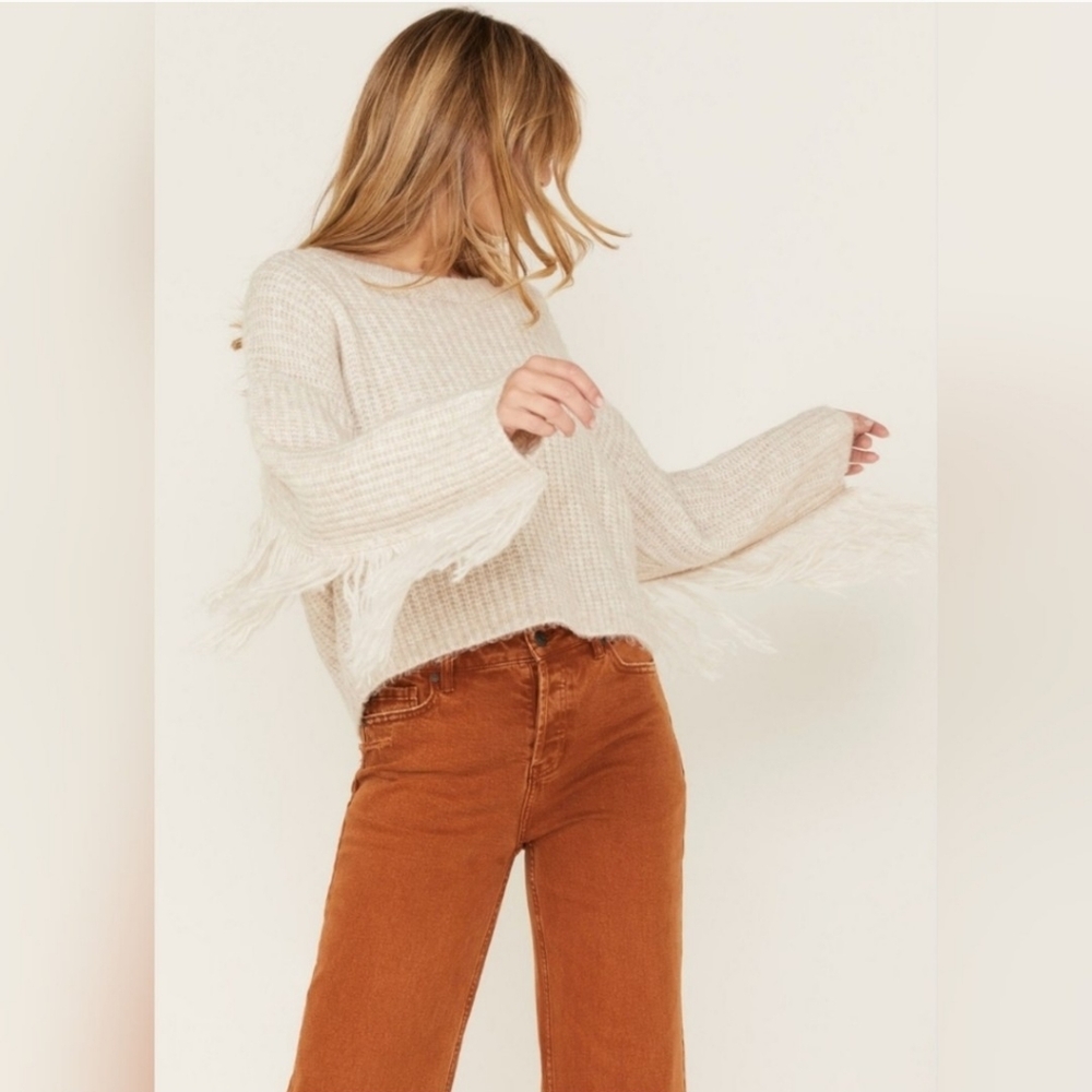 Wild Moss Cream/Ivory Fringe Longsleeve Sweater Size Medium